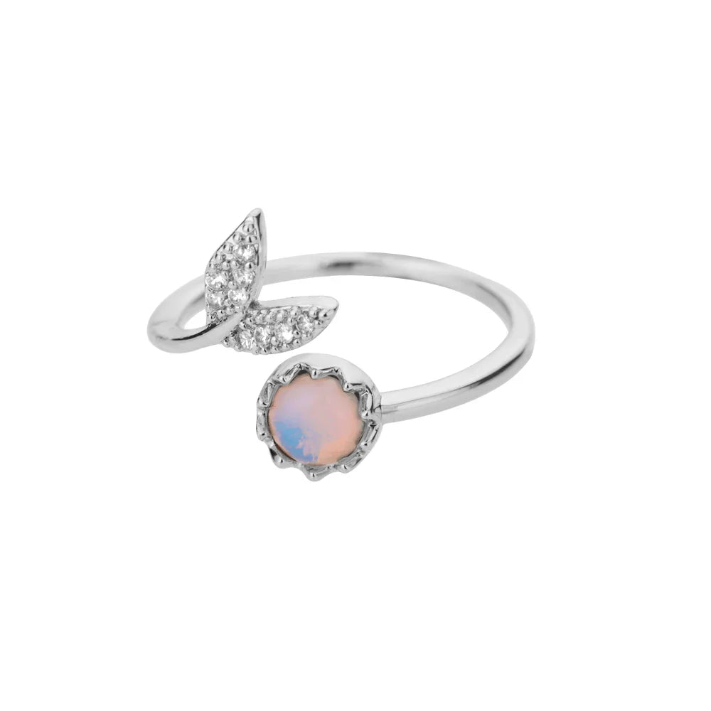 Fashion Leaves Opal Rings For Women Stainless Steel Opal Crystal Stone Leaves Finger Ring Engagement Bohemian Jewelry Gift