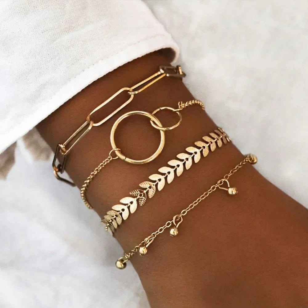 Fashion Geometric Stone Charm Bracelet Set For Women Retro Silver Color Moon Wrist Chain Open Bangle Lady Trendy Boho Jewelry