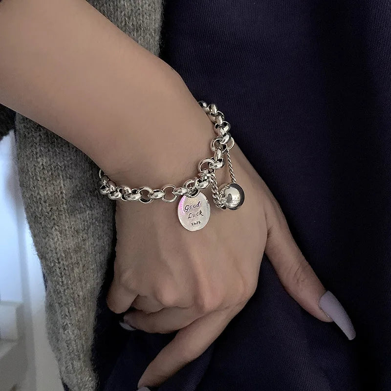 Sterling Silver plated Thai Silver Bracelet for Women Vintage Geometric Heart Love Lucky Punk Jewelry 2023 New Dropship