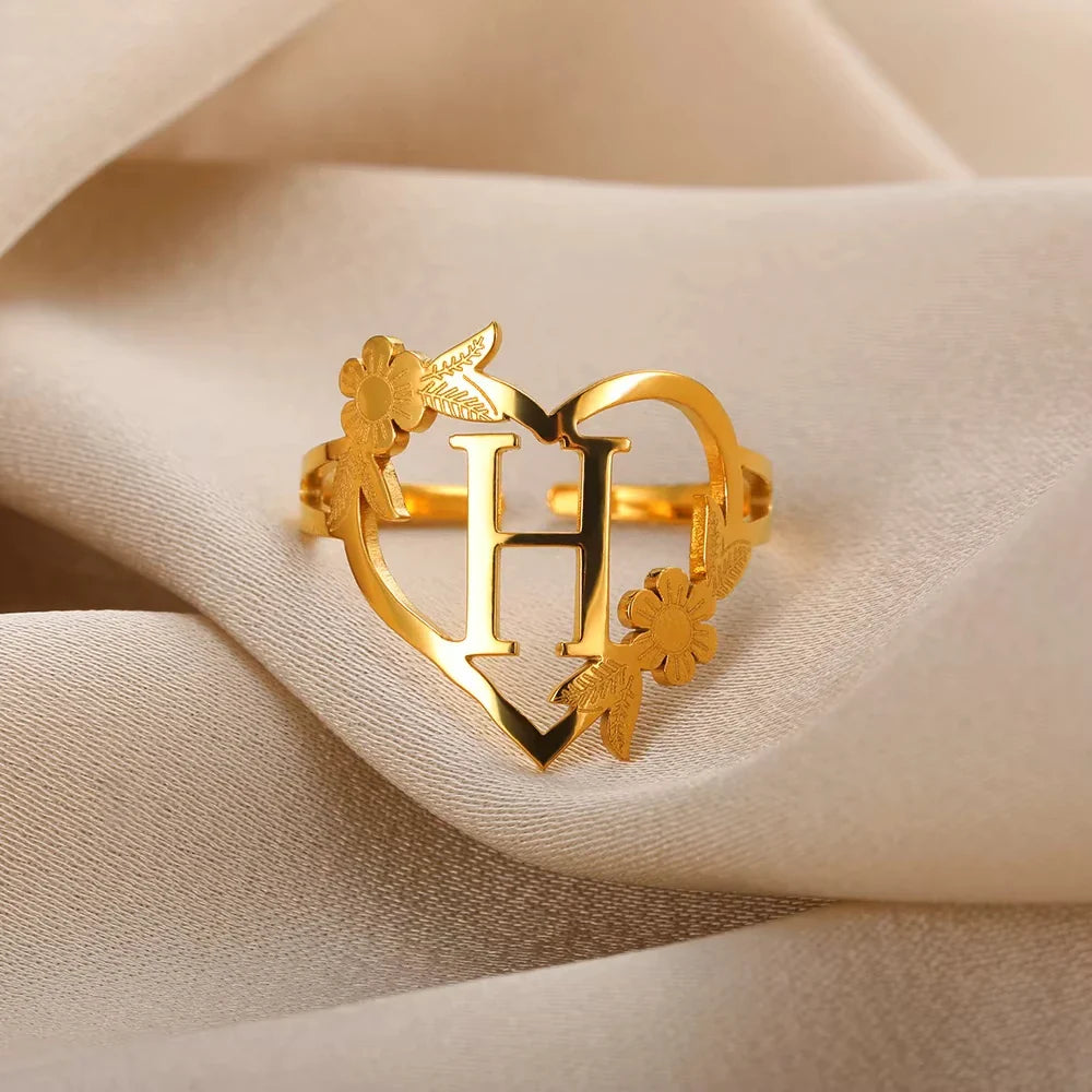 Stainless Steel Initials Letter Heart Rings for Women Girls Gold Color Flower Alphabet Ring Fashion Valentine's Day Jewelry Gift