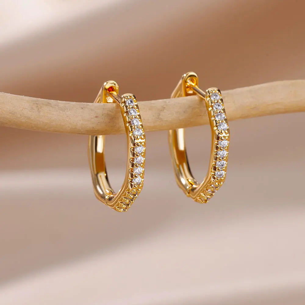 Stainless Steel Hoop Earrings For Women Gold Color Geometric Square Zircon Earring Female Wedding Aesthetic Jewerly Gift mujer