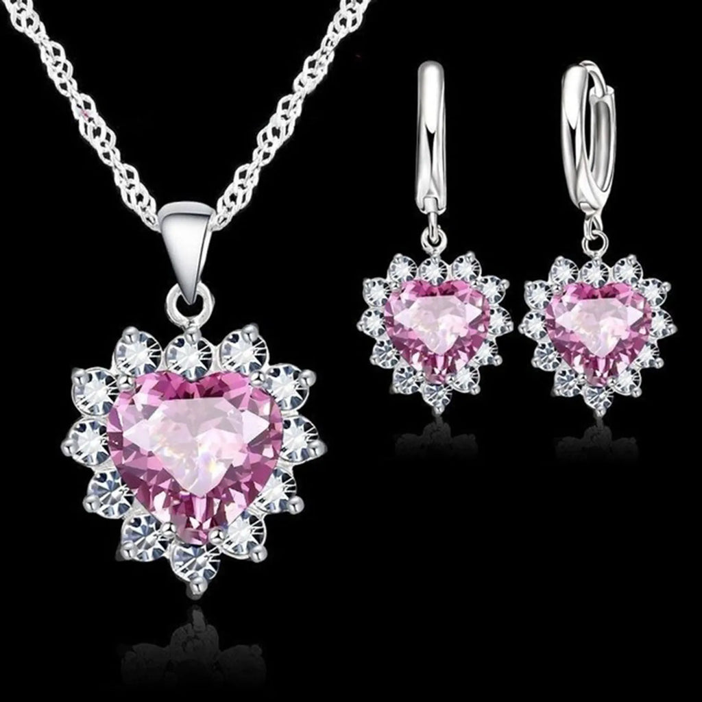 Top Sale Wding Engagement Anniversary Gift Jewelry Sets 925 Silver Color Stamped Heart Pendant Hoop Earrings for Women Girls
