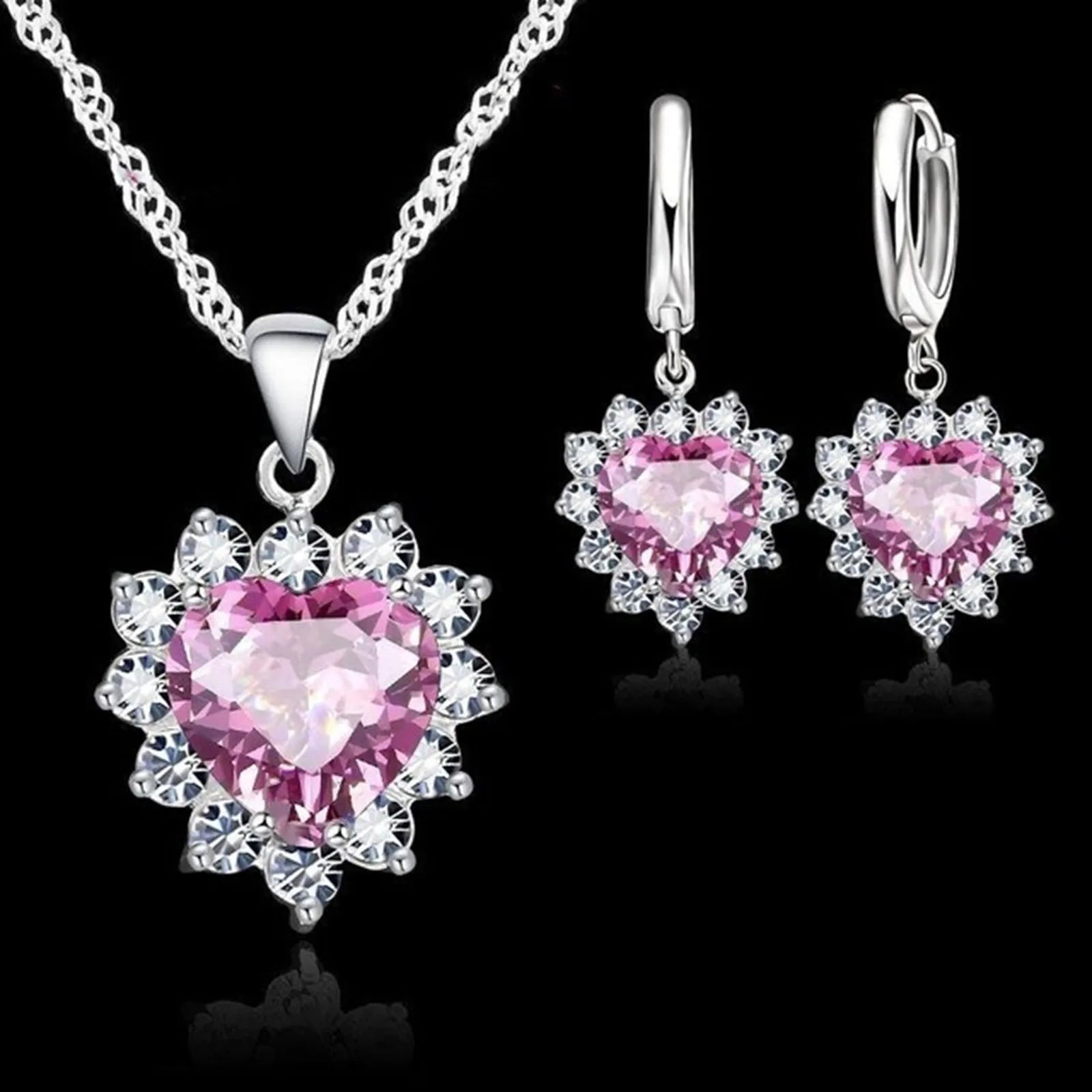 Top Sale Wding Engagement Anniversary Gift Jewelry Sets 925 Silver Color Stamped Heart Pendant Hoop Earrings for Women Girls