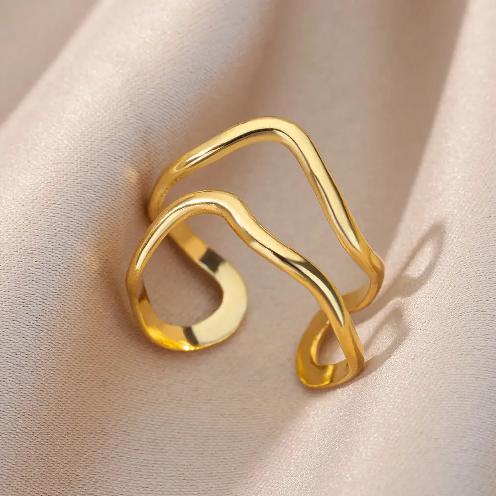 Irregular Hollow Opening Rings For Women Stainless Steel Gold Color Geometric Ring Party Christmas Jewelry Gift Free Shipping