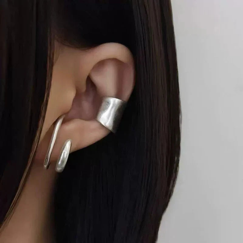 Vintage Fake Piercing Earcuff Double Circle Ear Cuff Faux Earrings for Women Man Hiphop Cuffs Earclips Accessories Korean Fashio