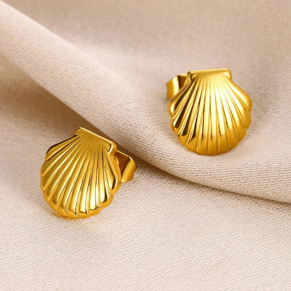 Stainless Steel Shell Stud Earring For Women Gold Color  Vintage Shell Piercing Earring 2024 Trend Wholesale Ocean Jewelry Gift