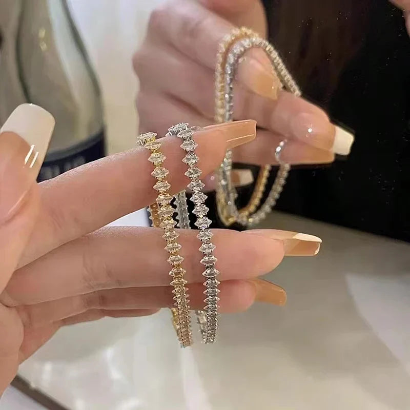 Luxury Roman Crystal Geometric Chain Bracelets for Women Trendy Goth Full Rhinestone Marquise Charm Tennis Bracelet Wed Jewelry