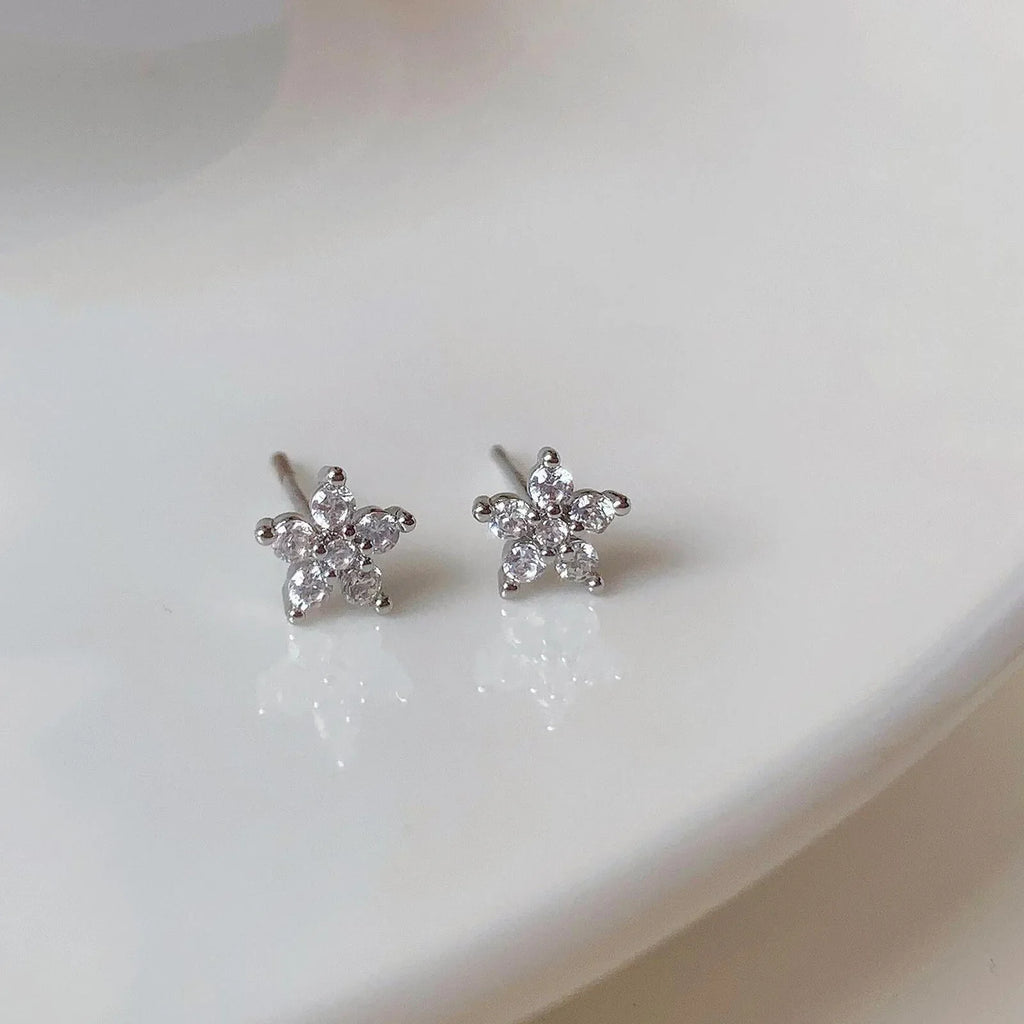 Pentagram Small Flower Zircon Stud Earrings S925 Sterling Silver Elegant Popular Female Accessories Gifts Party All Occasion