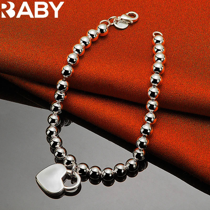 URBABY 925 Sterling Silver Smooth Beads Chain Heart Pendant Bracelet For Woman Wedding Party Fashion Jewelry Gift