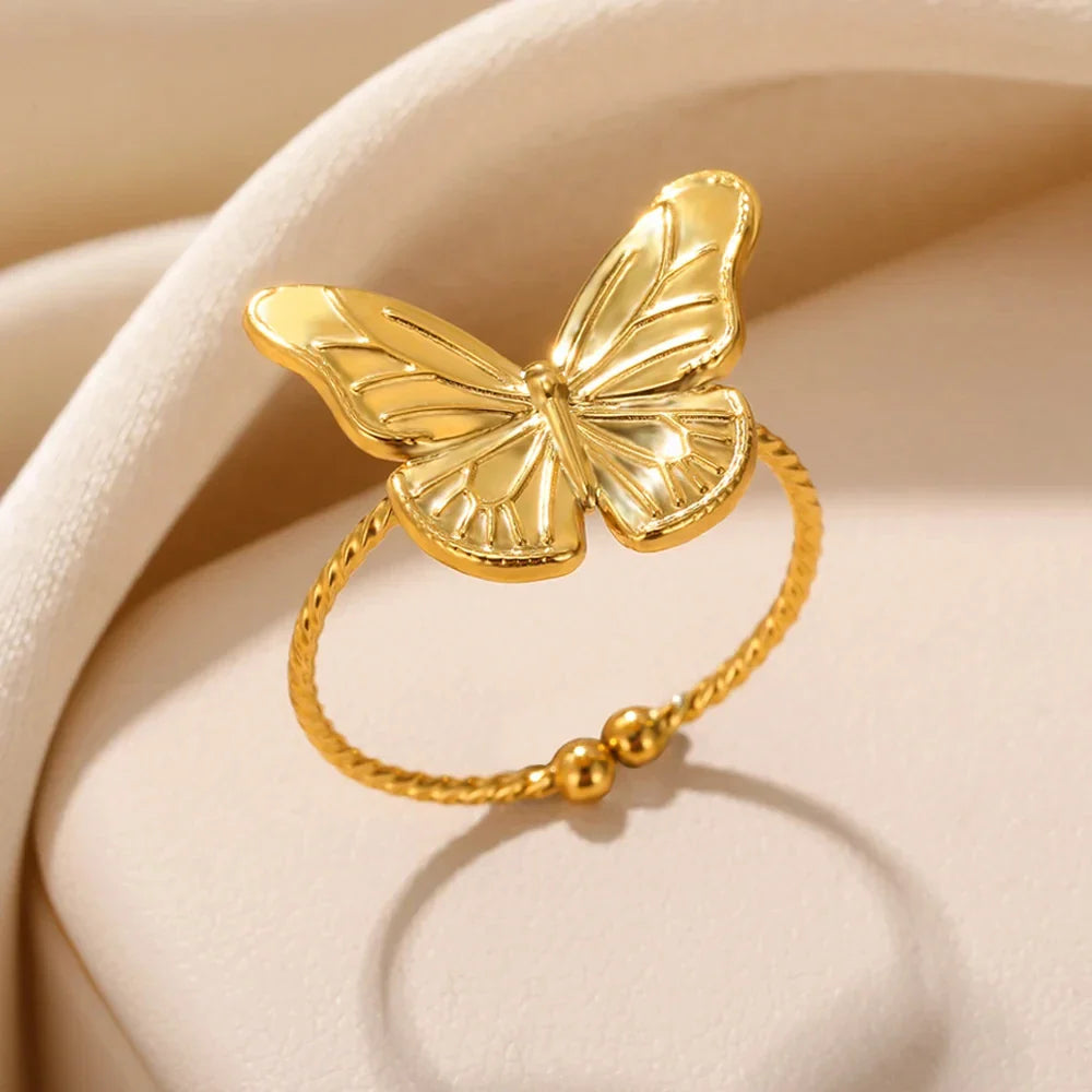 Stainless Steel Sun Rings For Women Gold Color Sun Butterfly Finger Adjustable Ring Aesthetic Fashion Wedding Jewelry Gift