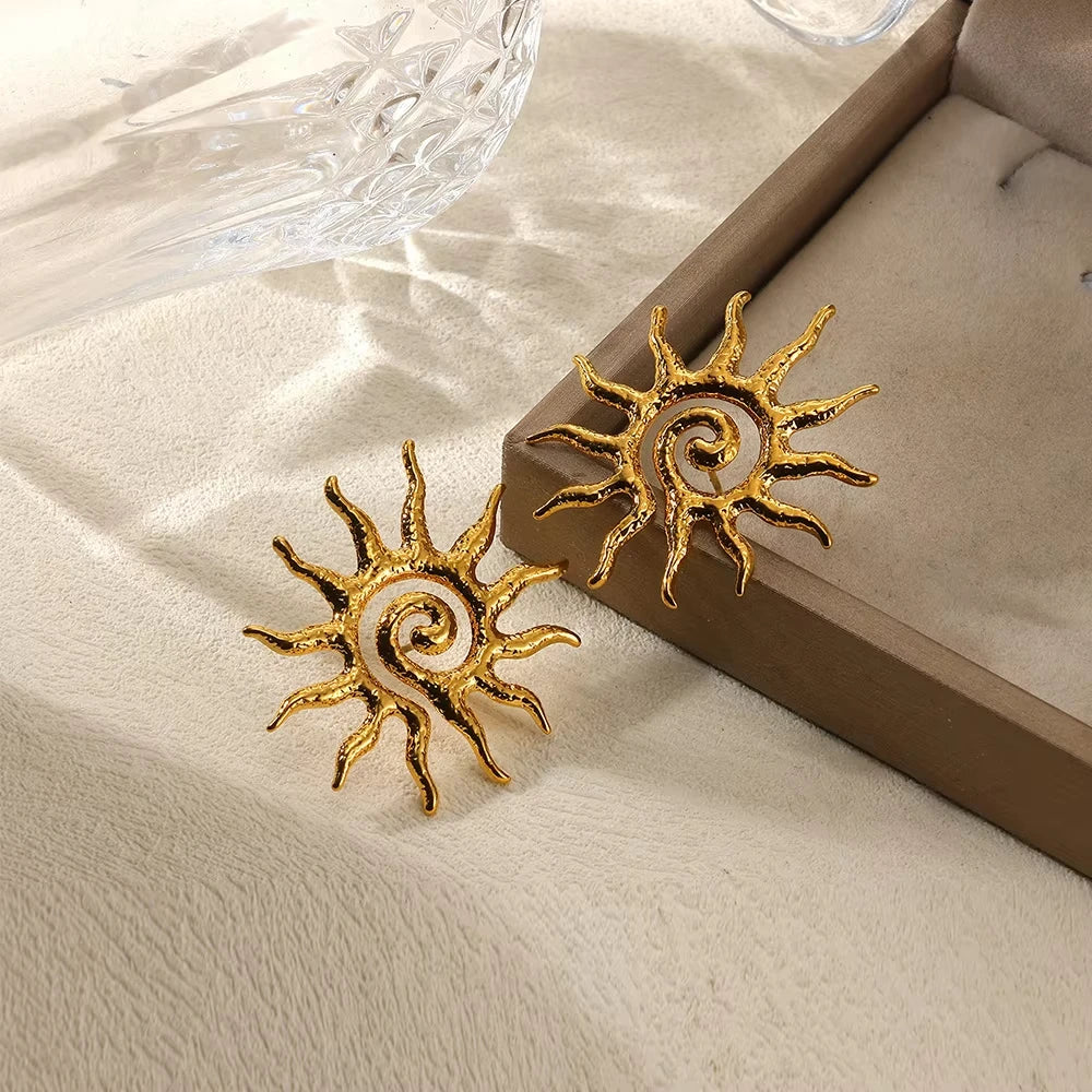 Punk Sun Face Stud Stainless Steel Earrings For Women Gold Color Star Piercing Ear Accessories Femme Gothic Jewelry Party Gift