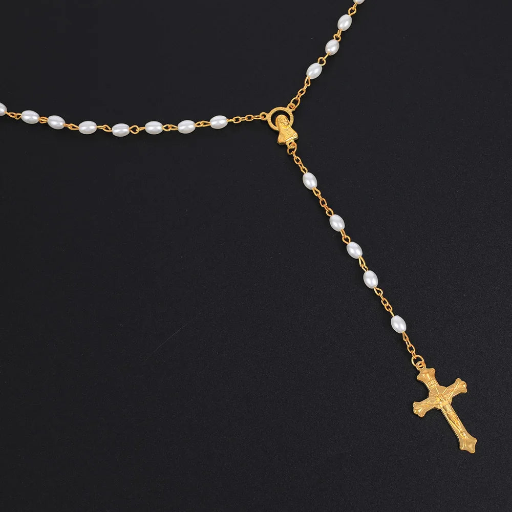 White Oval Pearl Rosary Necklace For Women Catholic Religious Crucifix Cross Pendant Gold Silver Color Chain Men Prayer Jewelry