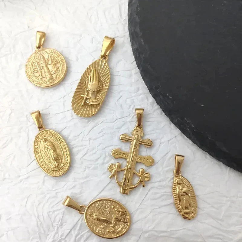 Virgin Mary Saint Michael Cross Prayer Pendant Necklace Gold Stainless Steel Religious Pendants Catholic Women/Men Jewelry