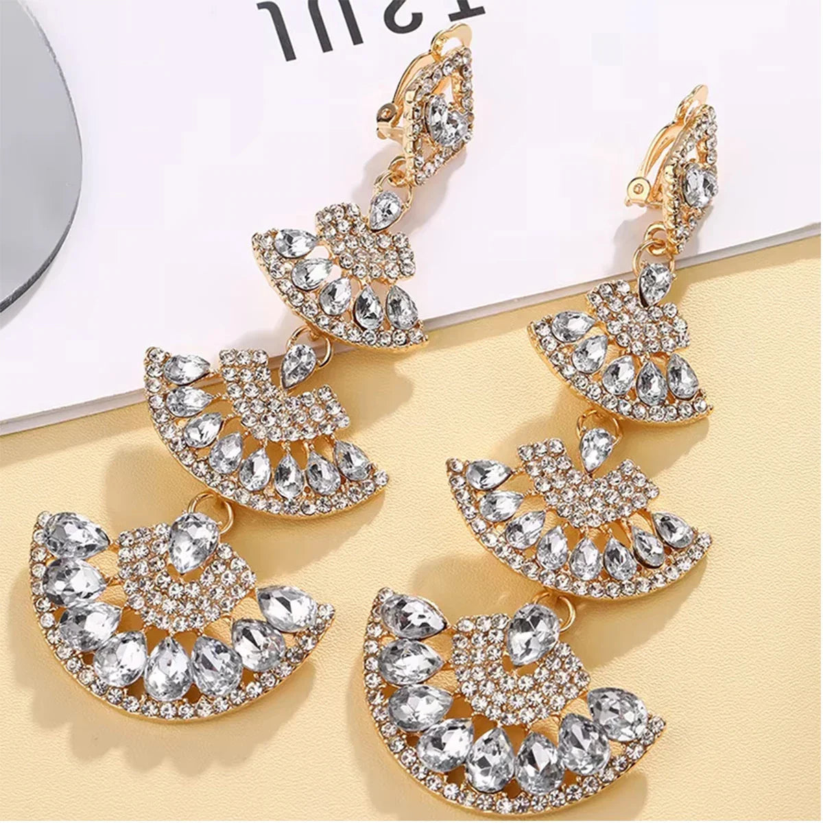Vintage White Crystal Drop Earrings for Women Oversize Long Sector Geometric Dangle Earrings Statement Jewelry