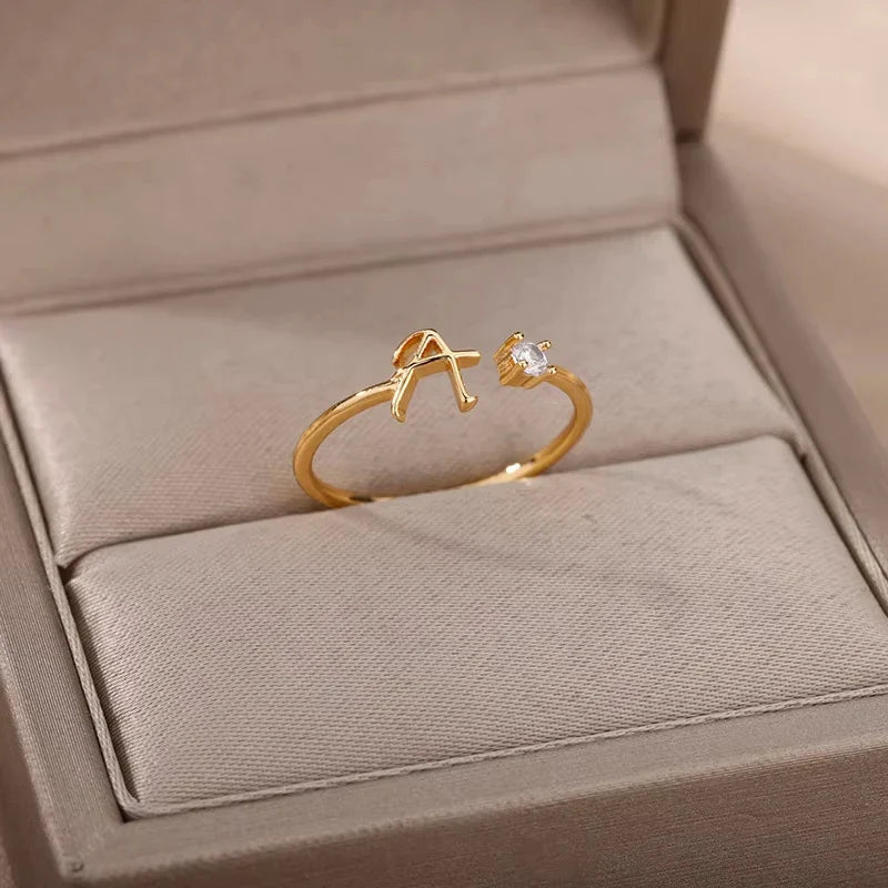 A-Z Initial Letter Open Rings for Women Stainless Steel Gold Color Zircon Adjustable Ring Trendy Couple Wedding Jewelry Gift