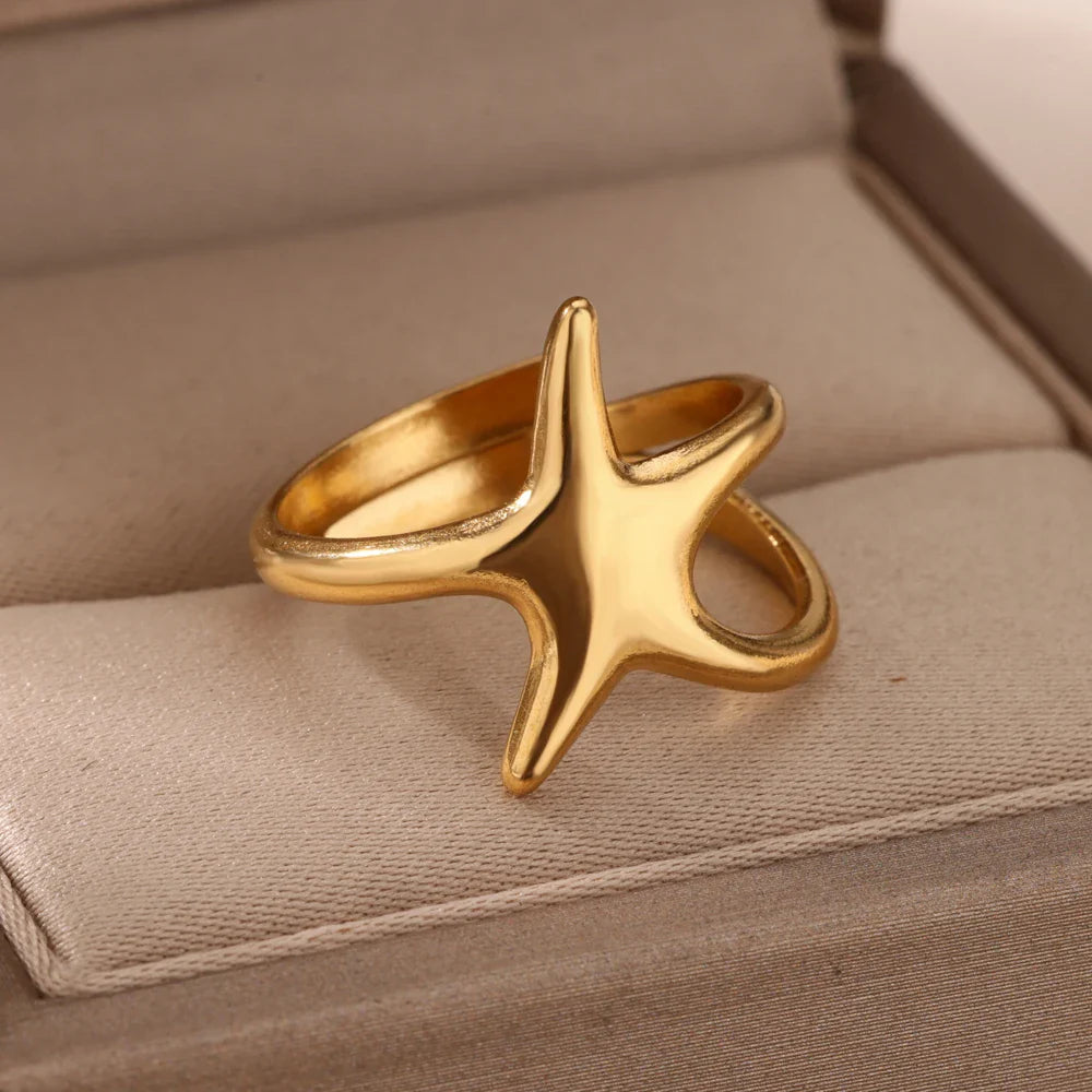 Starfish Shell Conch Stainless Steel Open Rings For Women Gold Color Adjustable Finger Ring Fashion Sea Vacation Jewelry Gifts