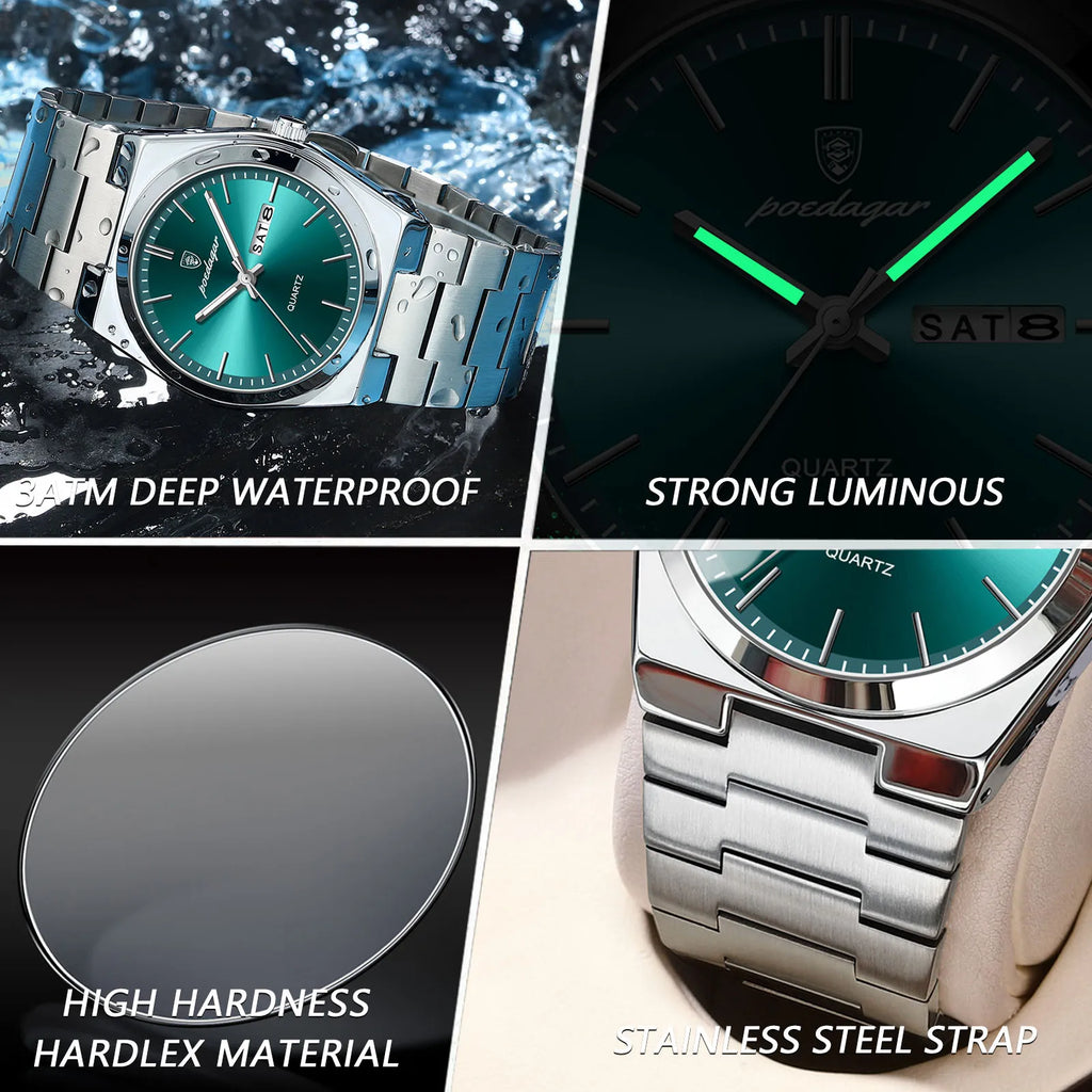 POEDAGAR Luxury Sport Quartz Man Wristwatch Waterproof Luminous Date Week Men Watches Stainless Steel Men's Watch Male Reloj+box
