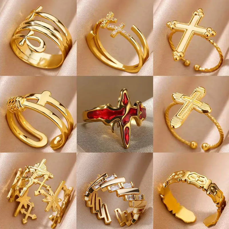 Stainless Steel Cross Rings for Women Vintage Gold Color Opening Cross Finger Ring Party Wedding Jewelry Gift anillos mujer