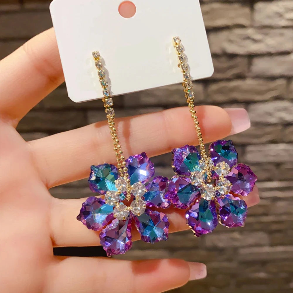 2025 New Colorful Purple Crystal Flower Dangle Drop Earrings for Women Trend Korea Fashion Luxury Wedding Party Banquet Jewelry