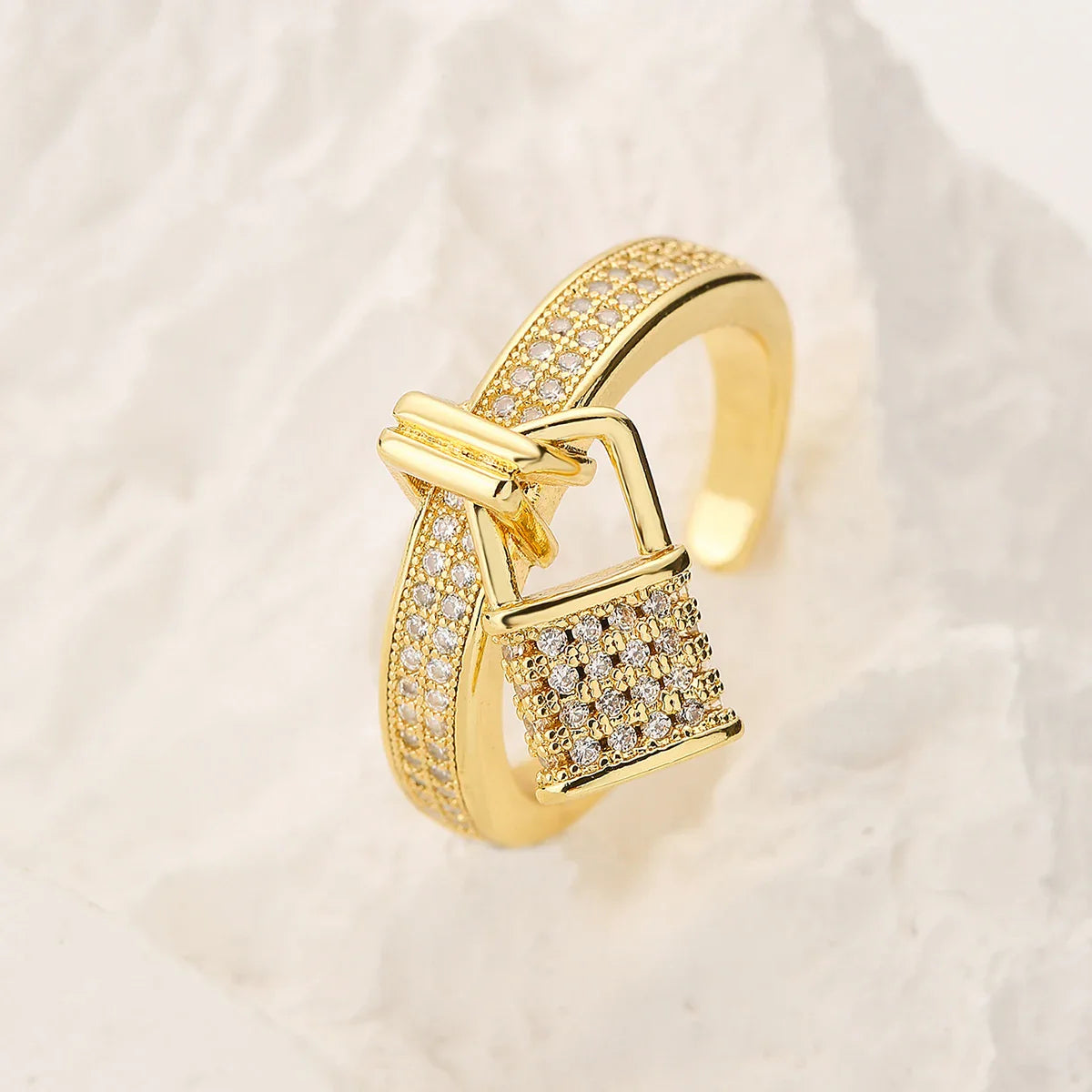 NEWBUY Fashion Gold Color Copper Wedding Jewelry Luxury AAA CZ Zircon Lock & Key Charm Finger Ring Adjustable For Women Girl