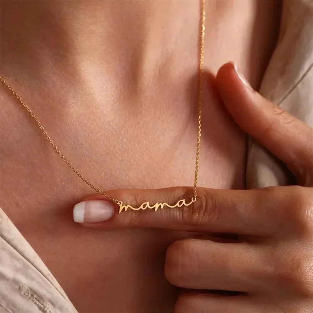 Dainty Mama Necklace Gold Color Stainless Steel Waterproof Choker Mama Letters Nameplate Necklaces Jewelry Gift For Mom And Wife