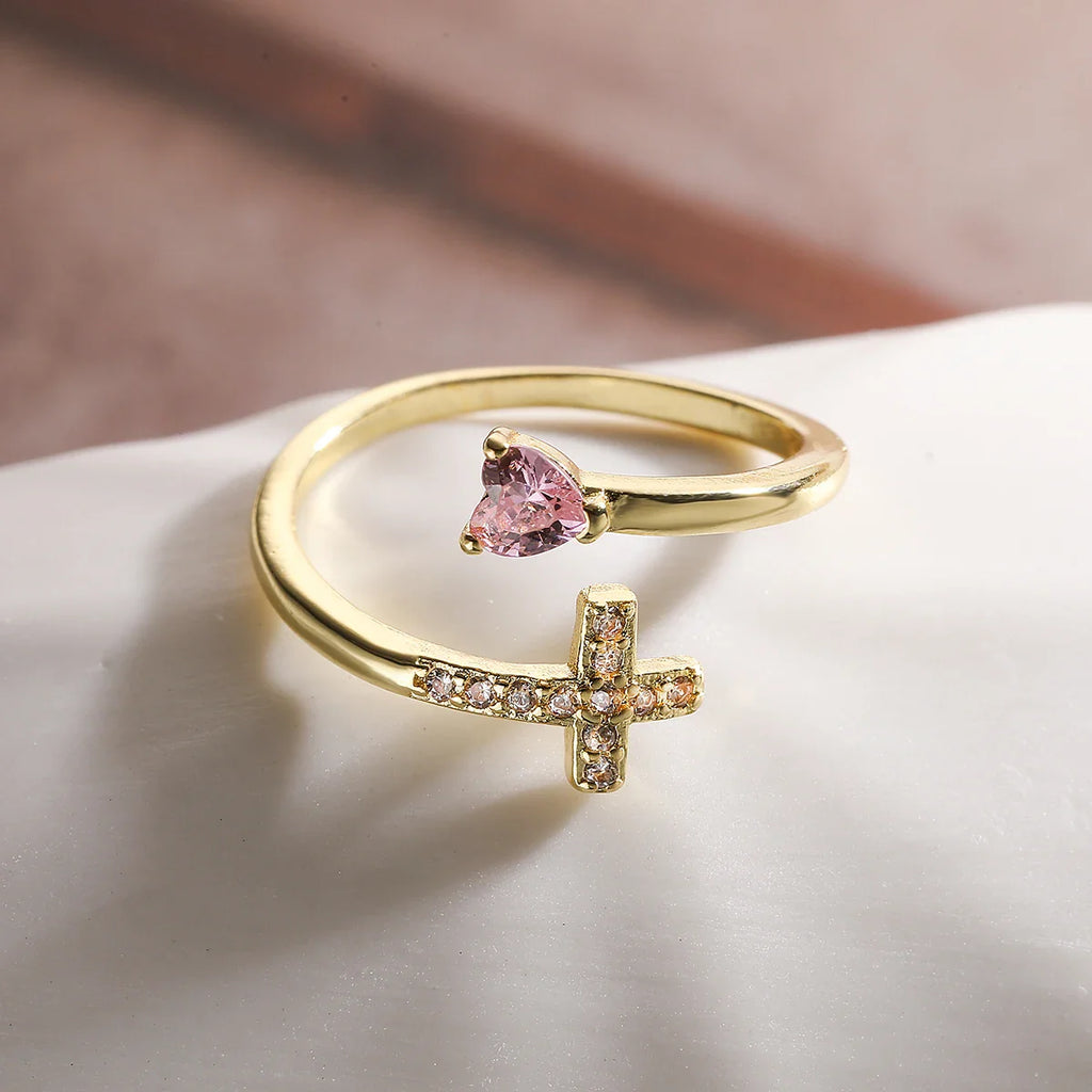 Classic Design Bling Bling Cross Ring 2026 Fashion Gold Color CZ Open Ring Adjustable Wholesale Christian Jewelry Gift