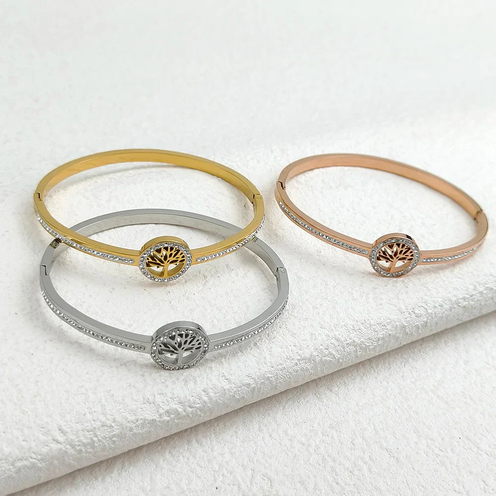 Luxury Stainless Steel Tree of Life Bangle for Women Men Crystal Zircon Bracelet Silver Gold Color Wrist Jewelry Accessories