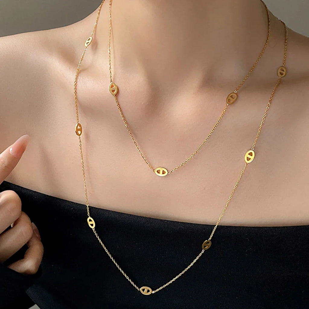 Premium Stainless Steel Long Necklace Trendy Pig Nose Style Y Shape Drop Pendant Waterproof Necklace for Women Girls Jewelry