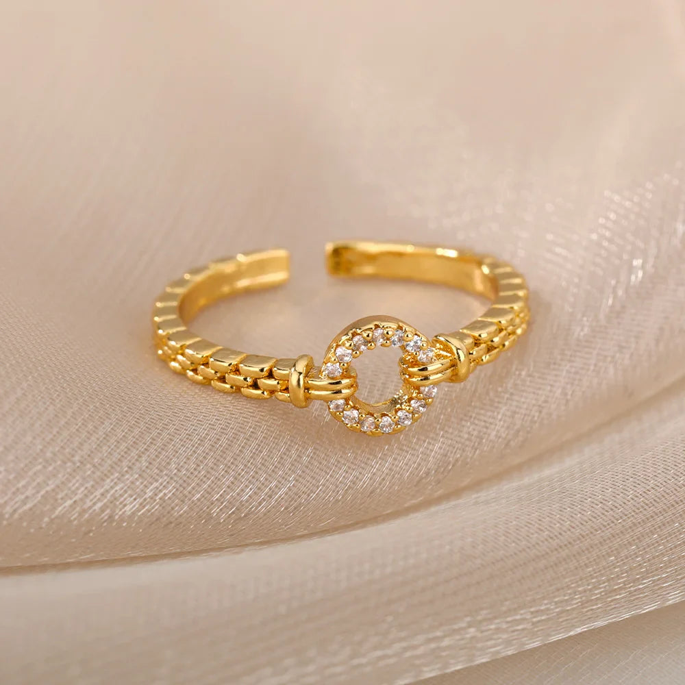 Zircon Heart Rings For Women Stainless Steel Gold Color Adjustable Open Finger Ring Wedding Aesthetic Jewelry Gift 2024