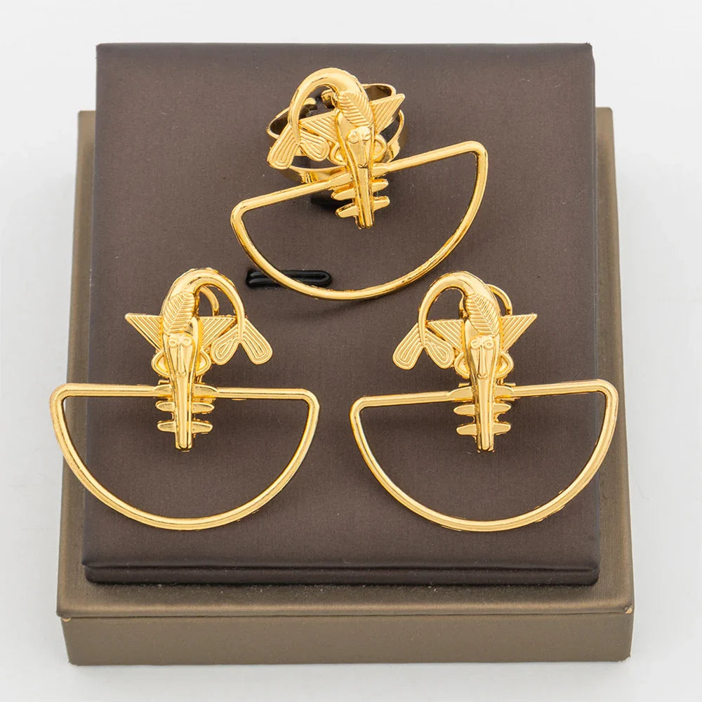 Trend Gold Color Earrings Jewelry Set for Women Hollow Design Clip Earrings with Finger Ring Daily Wear for Party Accessories