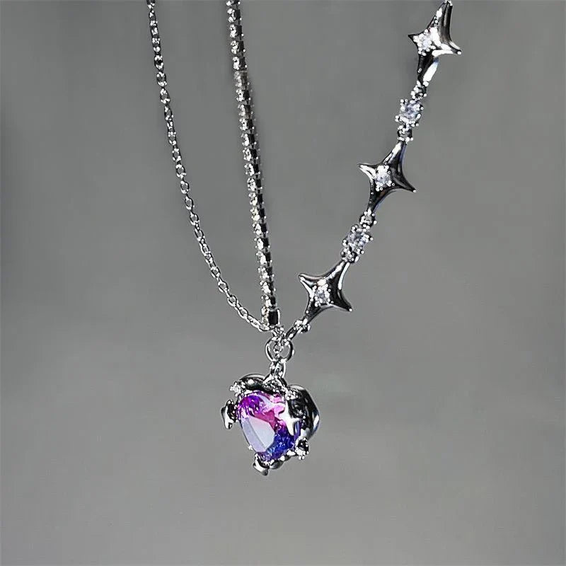 JWER Trendy Bling Moonstone Star Cross Pendant Necklace for Women Punk Hip Hop Star Chain CrystalNecklace Party Y2K Jewelry Gift