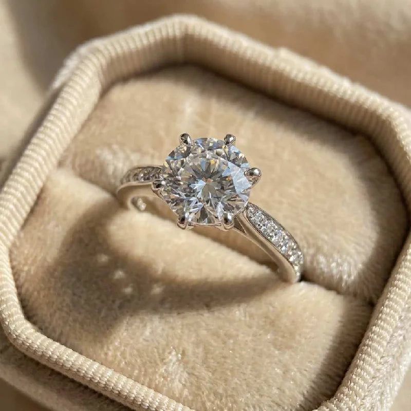 Luxury 925 Sterling Silver Classic Ring for Women Six Claw Jewelry Simple Imitation Diamond Women's Ring Engagement Wedding Gift