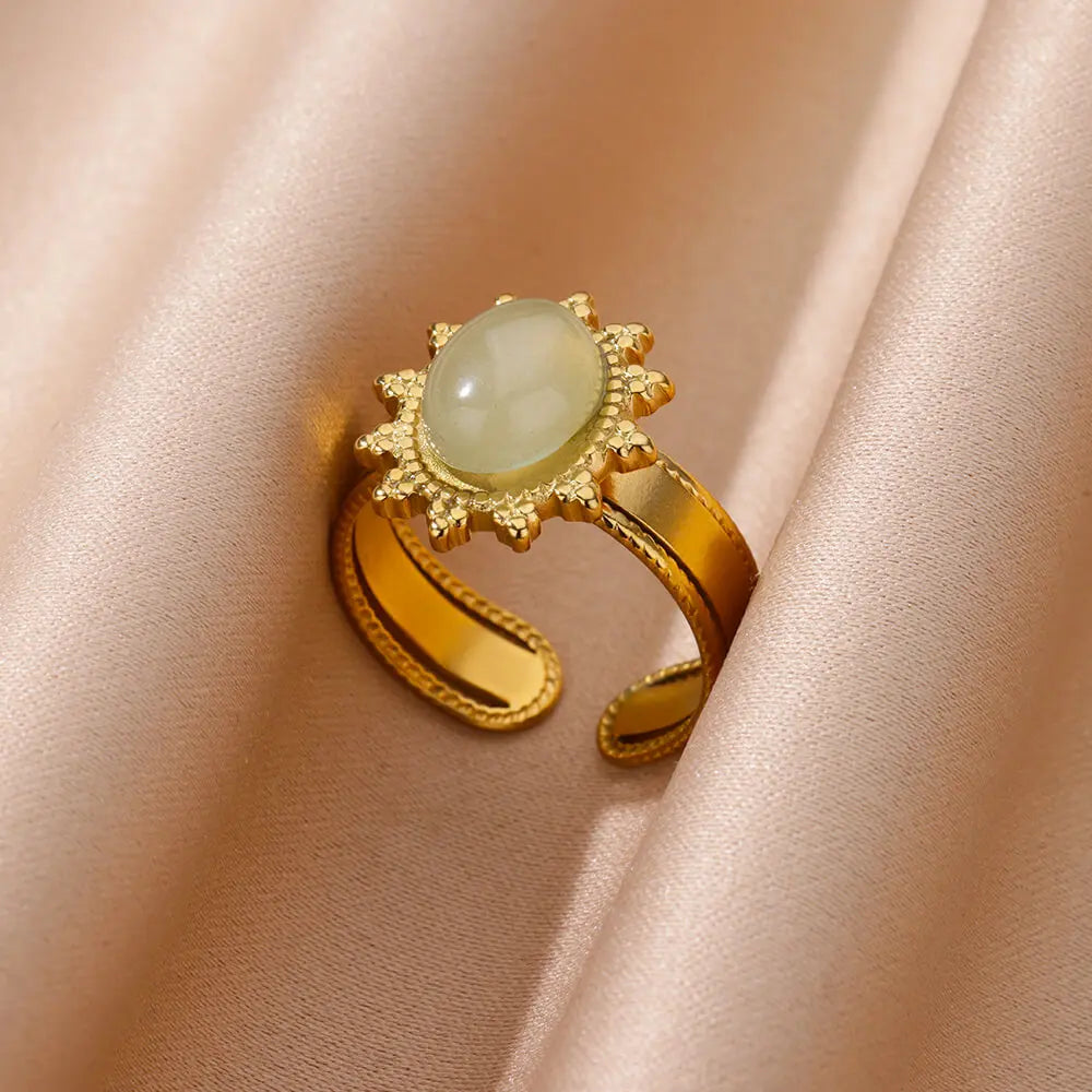 Stainless Steel Smooth Double Ball Beads Rings For Woman Vintage Opal Natural Stone Ring Fashion Gold Color Aesthetic Jewelry