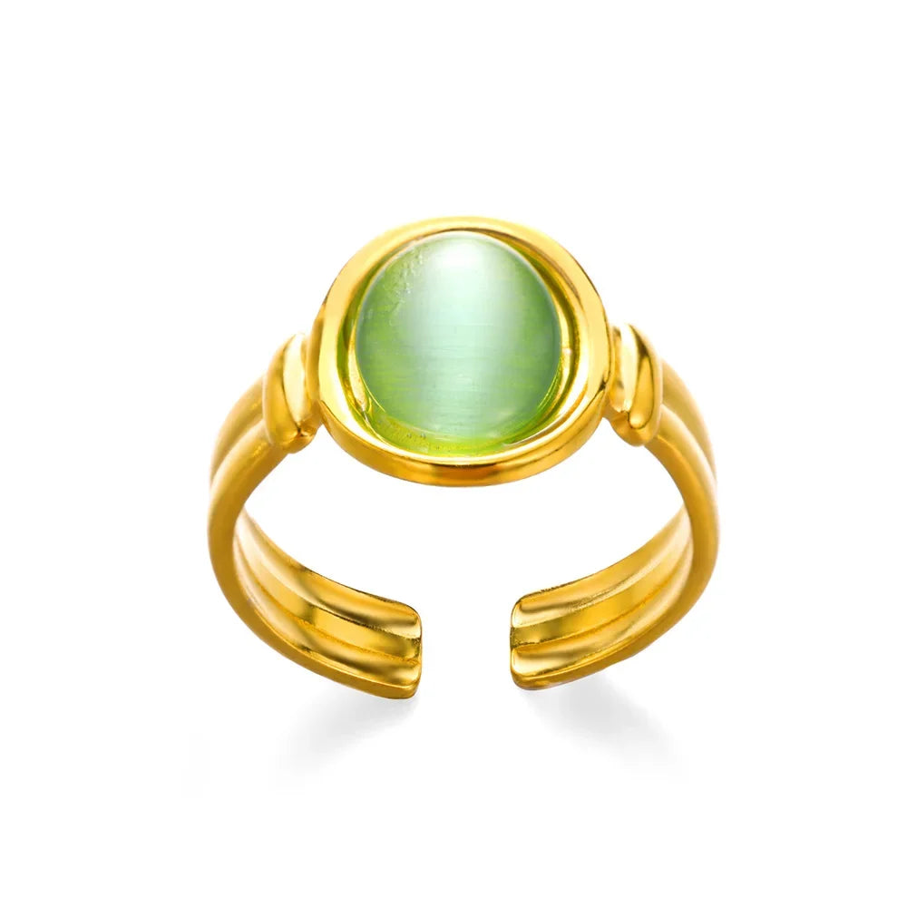 Vintage Green Stone Open Stainless Steel Rings For Women Fashion Gold Color Flower Zircon Ring Jewelry Aesthetic Anillos Gift