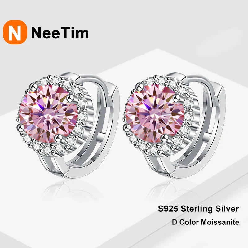 NeeTim 0.5ct 1ct Pink Moissanite Earrings Women S925 Silver Black Blue Green Grey Rainbow Lab Diamond Wedding Studs Earring