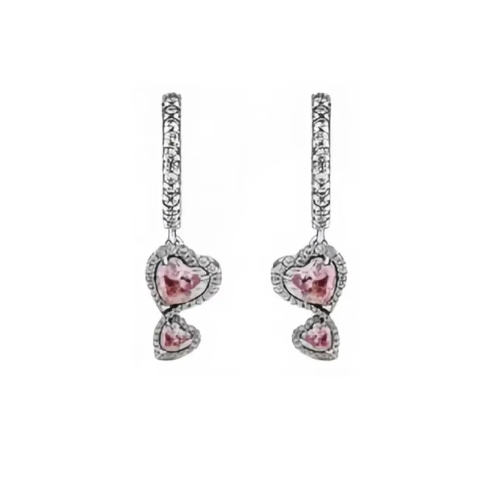 European New 925 Silver White Pink Stone Red Bow Stud Earrings, Fit Women's Festival Exquisite Charm Jewelry Gifts
