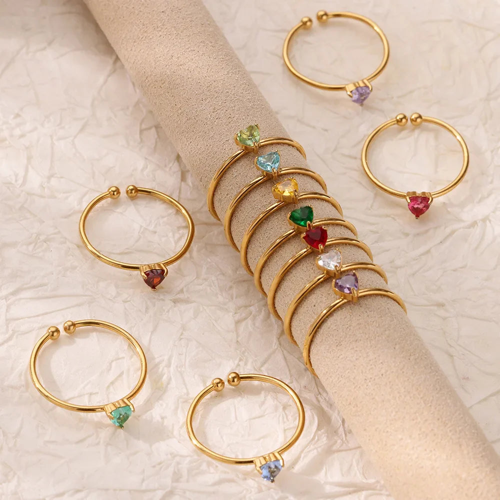 Stainless Steel Birthstone Open Rings for Women Fashion 12-color Crystal Zircon Heart Ring Birthday Aesthetic Jewelry Gift