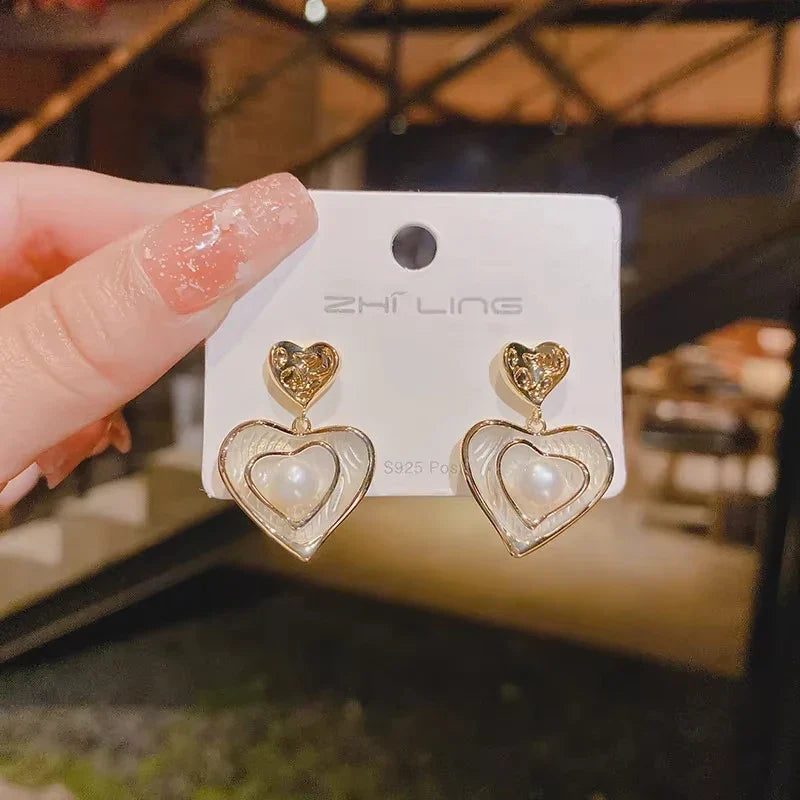 Korean Heart Drop Earrings For Women Girl Romantic Valentine's Day Gift Fashion Jewelry Trend Hanging Pearl Cute Bowknot Earring