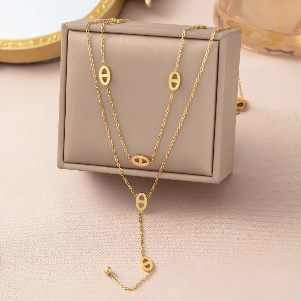 Premium Stainless Steel Long Necklace Trendy Pig Nose Style Y Shape Drop Pendant Waterproof Necklace for Women Girls Jewelry