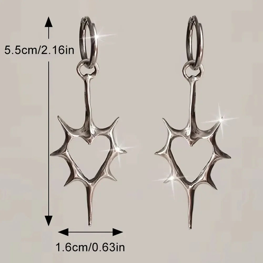 2pcs Punk Rock Hollow Thorns Love Heart Pendant Hoop Earrings for Women Men, Lover Fashion Cool Rivets Spike Earings Jewelry