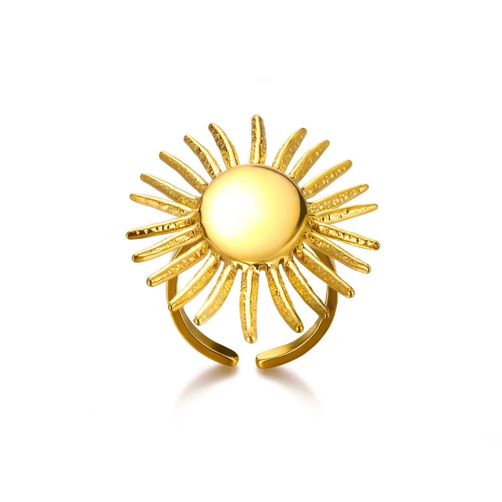 Exaggerated Sun Rings For Women Gold Color Stainless Steel Sun Adjustable Ring Fashion Anniversary Party Lucky Jewelry Gift