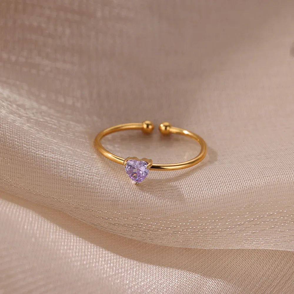 Stainless Steel Birthstone Open Rings for Women Fashion 12-color Crystal Zircon Heart Ring Birthday Aesthetic Jewelry Gift