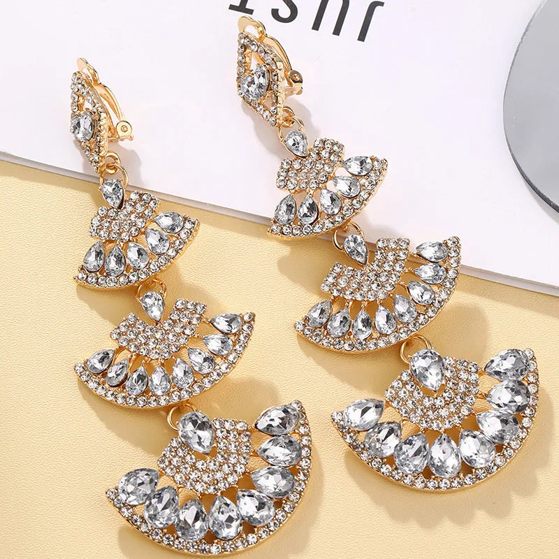 Vintage White Crystal Drop Earrings for Women Oversize Long Sector Geometric Dangle Earrings Statement Jewelry