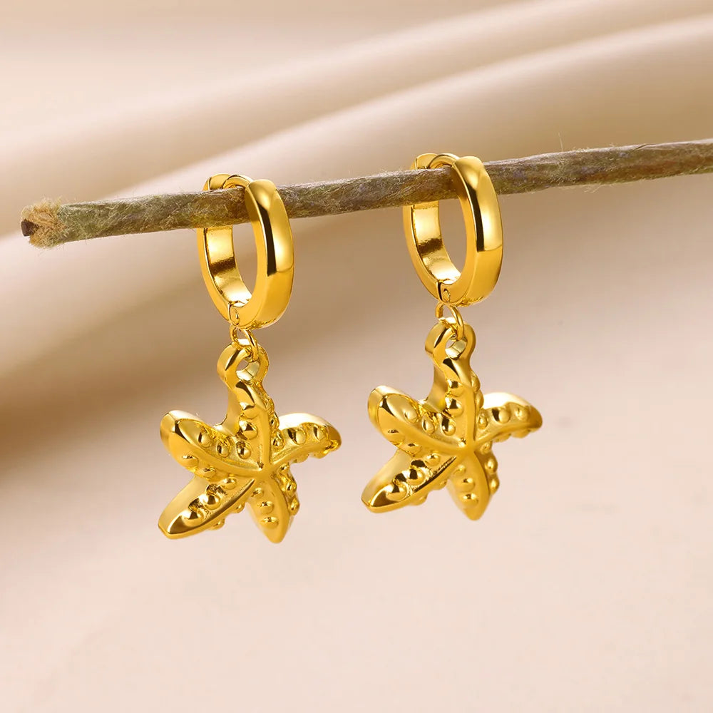 Vintage Starfish Shell Hoop Earrings For Women Gold Color Stainless Steel Ocean Shell Earring Waterproof Wedding Jewelry Gift