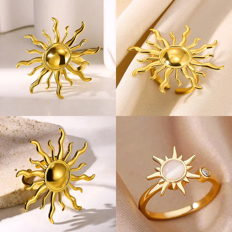 Exaggerated Sun Rings For Women Gold Color Stainless Steel Sun Adjustable Ring Fashion Anniversary Party Lucky Jewelry Gift