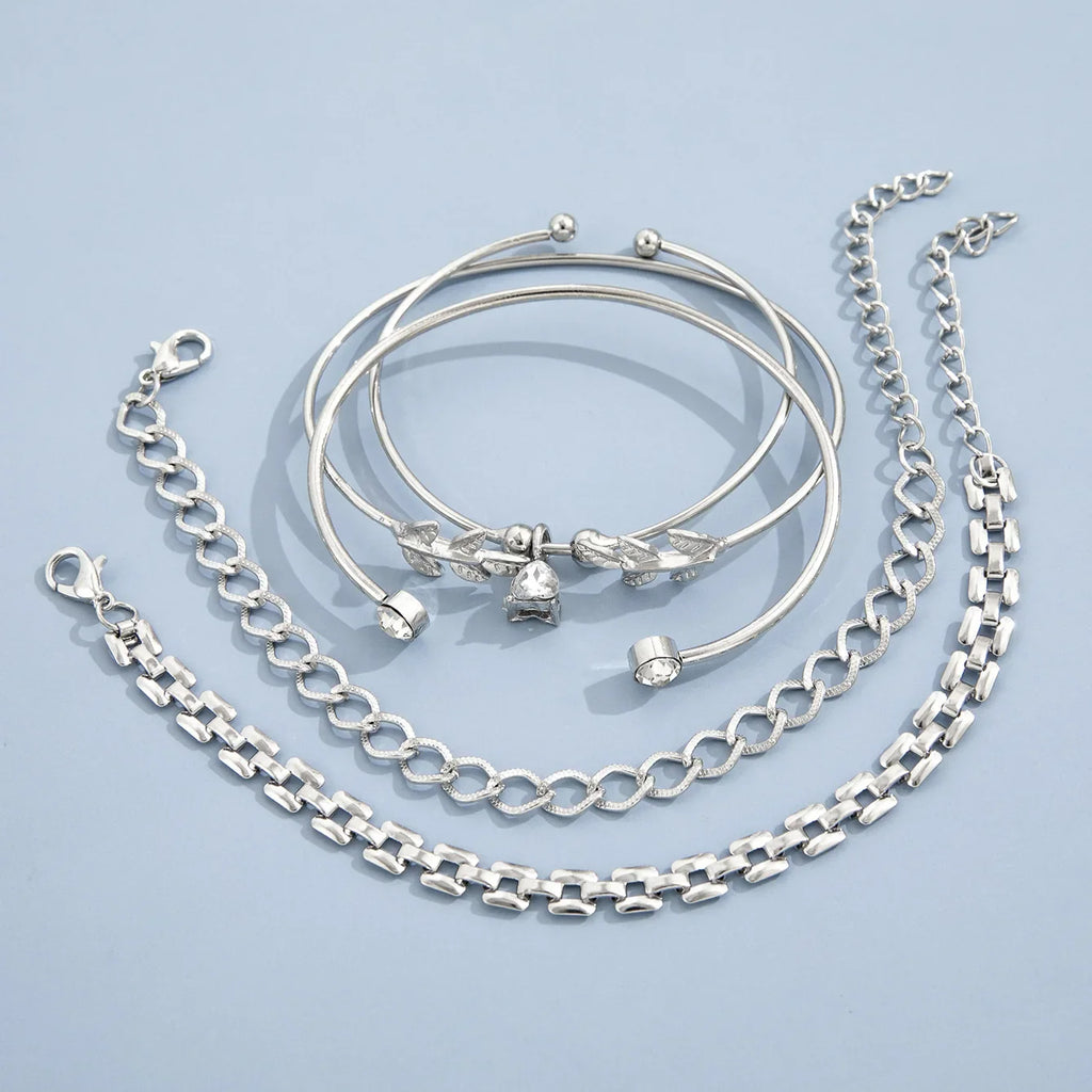 Bohemian Silver Color Geometric Link Chain Bracelet Set For Women Crystal Leaf Open Cuff Bangle Female Boho Jewelry Accessory