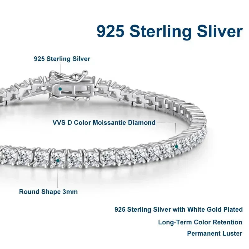 NeeTim 3mm 4mm Moissanite Tennis Bracelets 925 Sterling Silver Full Diamond with Gold Plated Bracelet Fine Jewelry for Women Men