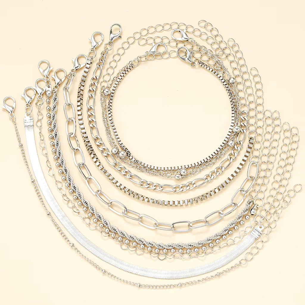 11Pcs/Set Boho Twisted Flat Snake Chain Anklet for Women Summer Beach Vintage Barefoot Ankle Bracelet On Leg Jewelry Accessories