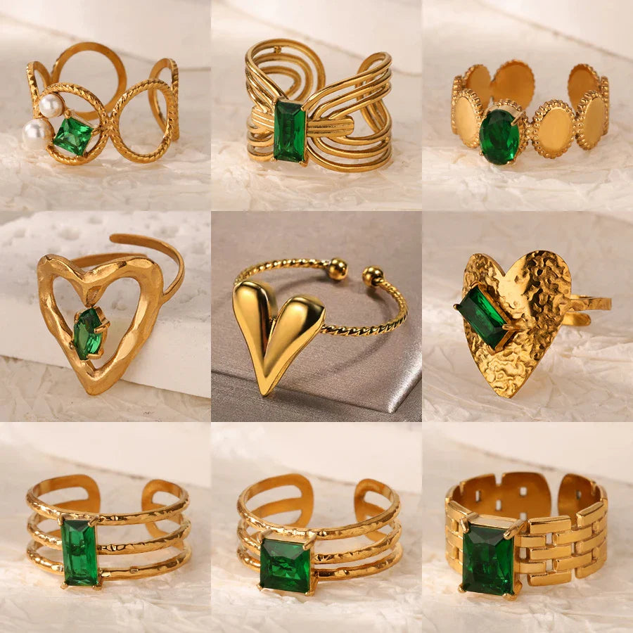 Green Cubic Zircon Heart Rings For Women Vintage Gold Color Stainless Steel Open Ring Fashion Aesthetic Jewelry Wedding Gift