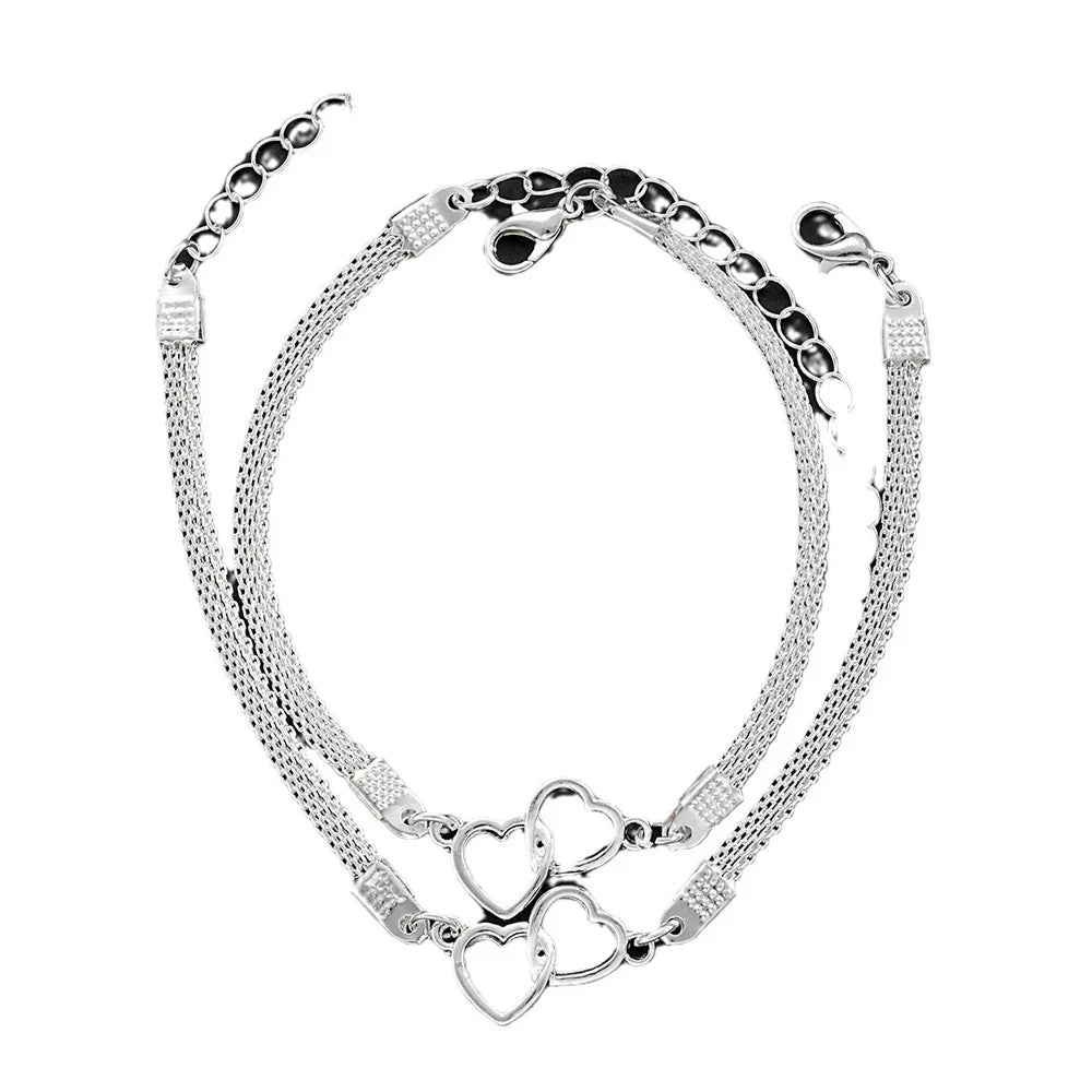 2 Pcs Set Love Heart Couple Bracelets for Women Men Silver Color Double Layer Matching Chain Bracelet Lover Jewelry Gift